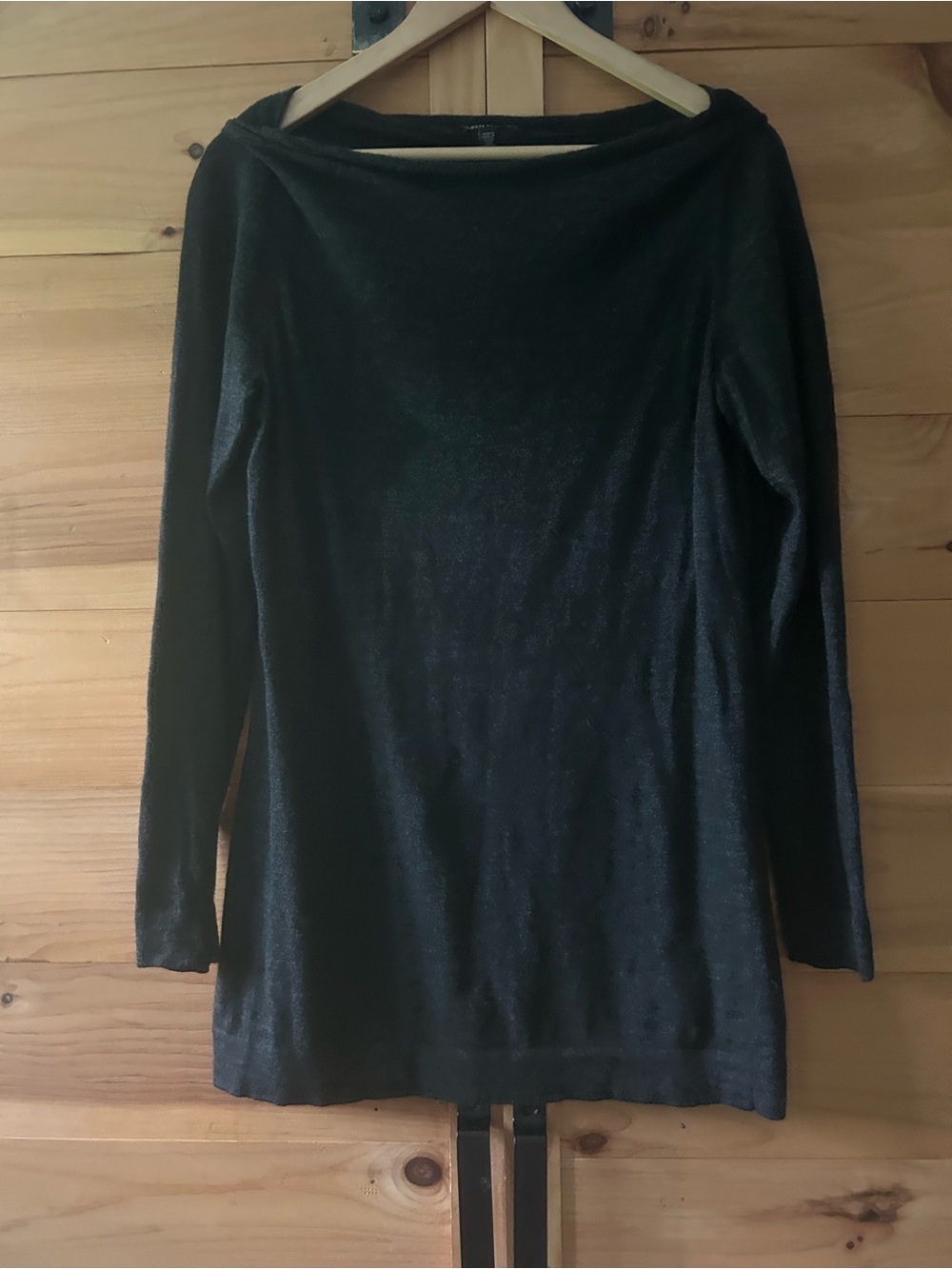Eileen Fisher Long-Sleeve 100% Merino Wool Boatneck Top Dark Charcoal Heather M